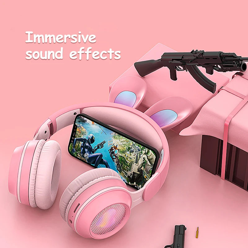 Wireless Headphones Rabbit Ear Headphones with Microphone Cute Girl Music Bluetooth Headphones for Kids Gaming Headphones