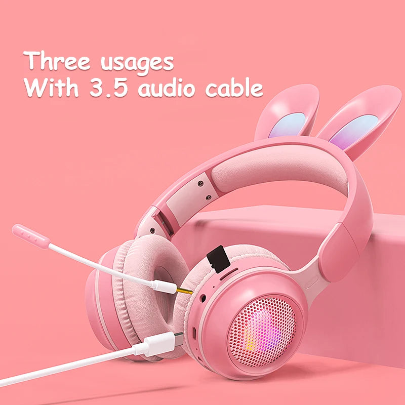 Wireless Headphones Rabbit Ear Headphones with Microphone Cute Girl Music Bluetooth Headphones for Kids Gaming Headphones